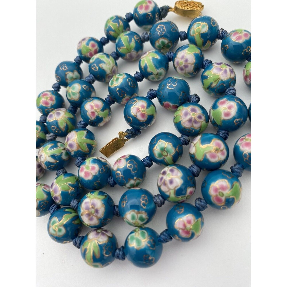Vintage Cloisonné Knotted Cobalt Blue Floral Bead 25" Necklace